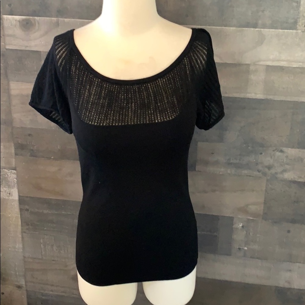 White House Black Market Black Short Sleeve Knit Top with Sheer Yoke
